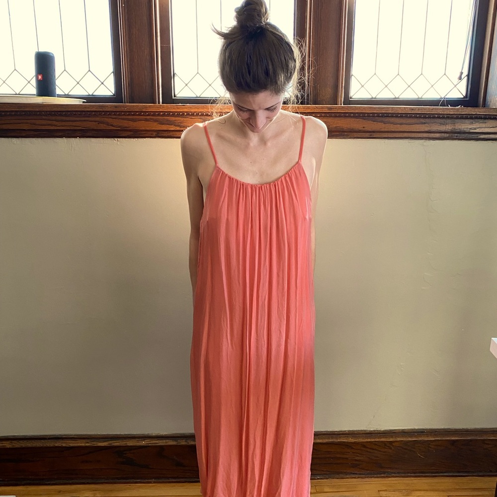 Spaghetti strap silk dress.